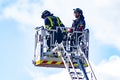 Firefighters climb a scale of a truck in one of the trainings in the fire station, in Madrid, Spain. Europe.