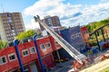 Firefighters climb a scale of a truck in one of the trainings in the fire station, in Madrid, Spain. Europe.