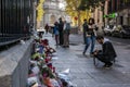 Madrid, Spain - November 15, 2015 - Flowers, candles and peace signs against terrorist attacks in Paris, in front of French Embass