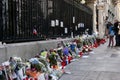 Madrid, Spain - November 15, 2015 - Flowers, candles and peace signs against terrorist attacks in Paris, in front of French Embass