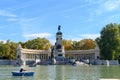 Madrid, Spain, November 07, 2022: Retiro Park scenery with people riding boats on the pond Royalty Free Stock Photo