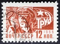 Working man, steel worker, in vintage CCCP stamp