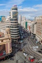 MADRID, SPAIN - OCTOBER 22, 2017: Calle Gran Via street and Carrion Building in Madri Royalty Free Stock Photo