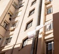 Madrid Spain October 5, 2022: Clothes hanging on the facade of a block of flats Royalty Free Stock Photo