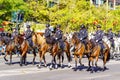 Madrid, Spain, October 12, 2022: A group of mounted police parade in a military parade in Madrid.