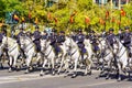 Madrid, Spain, October 12, 2022: A group of mounted police parade in a military parade in Madrid.