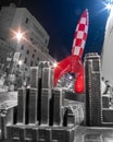 Madrid Spain October 5, 2022: HergÃÂ© lands in Madrid. TintÃÂ­\'s rocket next to the Metropoli building on Gran VÃÂ­a