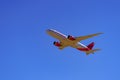 Madrid, Spain, October 30, 2022: Large plane of the Avianca airline seen from below and flying over the city.