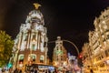 MADRID, SPAIN - OCTOBER 21, 2017: Metropolis building at Calle Gran Via street in Madri Royalty Free Stock Photo