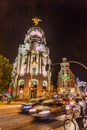 MADRID, SPAIN - OCTOBER 21, 2017: Metropolis building at Calle Gran Via street in Madri Royalty Free Stock Photo