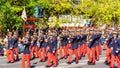 Madrid, Spain, October 12, 2022: Spanish Royal Guard soldier parade through the streets of Madrid.