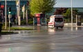 Red cross ambulance entering IFEMA Madrid Fair Institution where a field hospital has been installed during the Covid-19 crisis