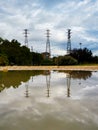 Madrid, Spain- September 13, 2022: Puddles of water in a park after the autumn rains. Storms over Madrid.