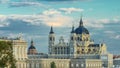 Madrid, Spain skyline timelapse at Santa Maria la Real de La Almudena Cathedral and the Royal Palace. Royalty Free Stock Photo