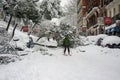 Madrid, Spain, 01.09.2021, street Segovia, a man skiing in Madrid center, falling tree, The storm Filomena