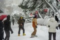 Madrid, Spain, 01.09.2021, street Segovia, a man skiing on a snowboard in Madrid center, The storm Filomena