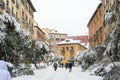 Madrid, Spain, 01.09.2021, street Segovia, snow covered falling trees in Madrid center, The storm Filomena.