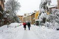 Madrid, Spain, 01.09.2021, street Segovia, snow covered trees in Madrid center, it's snowing, , The storm Filomena.