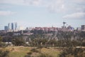 Madrid, Spain 11th March 2023. View of four Towers Business Area (Cuatro Torres) and Moncloa lighthouse in Madrid, Spain