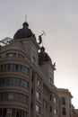 View of Diana\'s terrace from Madrid\'s Gran Via street of the Hyatt Centric building, at sunrise