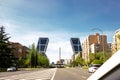 North entrance to the city of Madrid with views of the Puerta de Europa towers AKA `Torres Kio` Royalty Free Stock Photo
