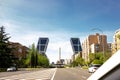 North entrance to the city of Madrid with views of the Puerta de Europa towers AKA `Torres Kio`