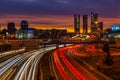 Iew from the A1 highway on the four towers quattro torres in Madrid during sunset