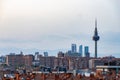 A view over the skyline during sunset of Madrid, with the business district quattro Torres seen from Las Siete Tetas at Tio Pio`s Royalty Free Stock Photo