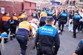 MADRID SUBURB OF SAN SEBASTIAN DE LOS REYES - SEPTEMBER 29: A wounded man carried away on a stretcher in San Sebastian de los