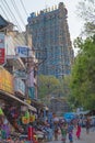 Bustling streets below a Hindu temple gateway