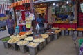 Madurai, India - November 02, 2018: A street shop of Indian snacks being put openly on display for attracting buyers in south