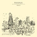 Madurai, Tamil Nadu, South India. Meenakshi temple. Artistic hand drawing. Asian travel sketch. Vintage hand drawn postcard