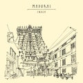 Madurai, Tamil Nadu, South India. Meenakshi temple. Artistic hand drawing. Asian travel sketch. Vintage hand drawn postcard Royalty Free Stock Photo