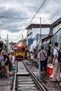 Maeklong Railway Market as Train is passing by Royalty Free Stock Photo