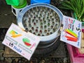 MAEKLONG, THAILAND-DECEMBER 11,2016 : ice cream tube, pouring soft drink to the tube and rotating the tube in tank filled with ic Royalty Free Stock Photo