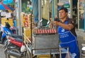 MAEKLONG, THAILAND-DECEMBER 11,2016 : Traditional Thai Food, E-san Sausage Northeastern Thai Style, Grill E-Saan Sausage on steel Royalty Free Stock Photo