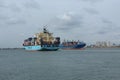 Maersk line cargo ship arrives Nigeria port while Leto Monrovia exit in a , typical import & export concept