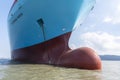 Maersk owned big container vessel anchored near dockyard.