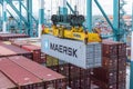 Maersk owned container loaded by the gantry crane on the container ship.