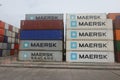 Maersk shipping containers on a dock at Cartagena, Columbia port