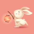 Mid Autumn Festival. Cute rabbit holding a chinese oriental lantern.