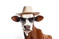 Mafia Cow or bullock farm wearing cowboy hat and sunglasses portrait looking at camera isolated on clear png background, funny