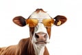 Mafia Cow or bullock farm wearing cowboy hat and sunglasses portrait looking at camera isolated on clear png background, funny