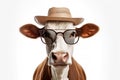 Mafia Cow or bullock farm wearing cowboy hat and sunglasses portrait looking at camera isolated on clear png background, funny