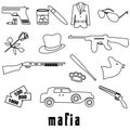 Mafia criminal black outline symbols and icons set