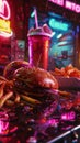 Mafia hideout, junk food galore, burgers and fries, neon glow, suspensefilled angle , close-up