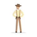 Mafia man character in brown fedora hat holding for two pistols under belt vector Illustration