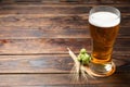 Mag with beer, spikelets and hop on wooden table Royalty Free Stock Photo