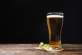 Mag with beer, spikelets and hop on wooden table Royalty Free Stock Photo