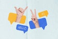 magazine banner collage of two people have conversation start greeting with shaka v sign